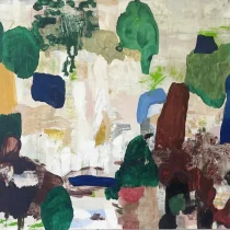 Bilder viser et abstrakt maleri i farger som klar grønn, rosa, burgunderrød, gultoner og hvitt av kunstneren Cathrine Gehrken.
