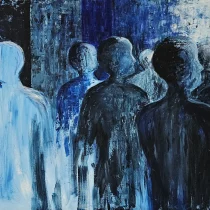 Kunstbiennale Dikemark 2026: Kristin Trandem har malt et motiv med mennesker i blåtoner, de er stiliserte med ryggen vendt mot seer. Tittelen er "Alene sammen".